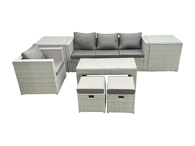 Salon de Jardin Ensemble Ensemble de canapés en rotin avec Table basse 2 Petits tabourets 2 Tables d'appoint Gris clair mixte