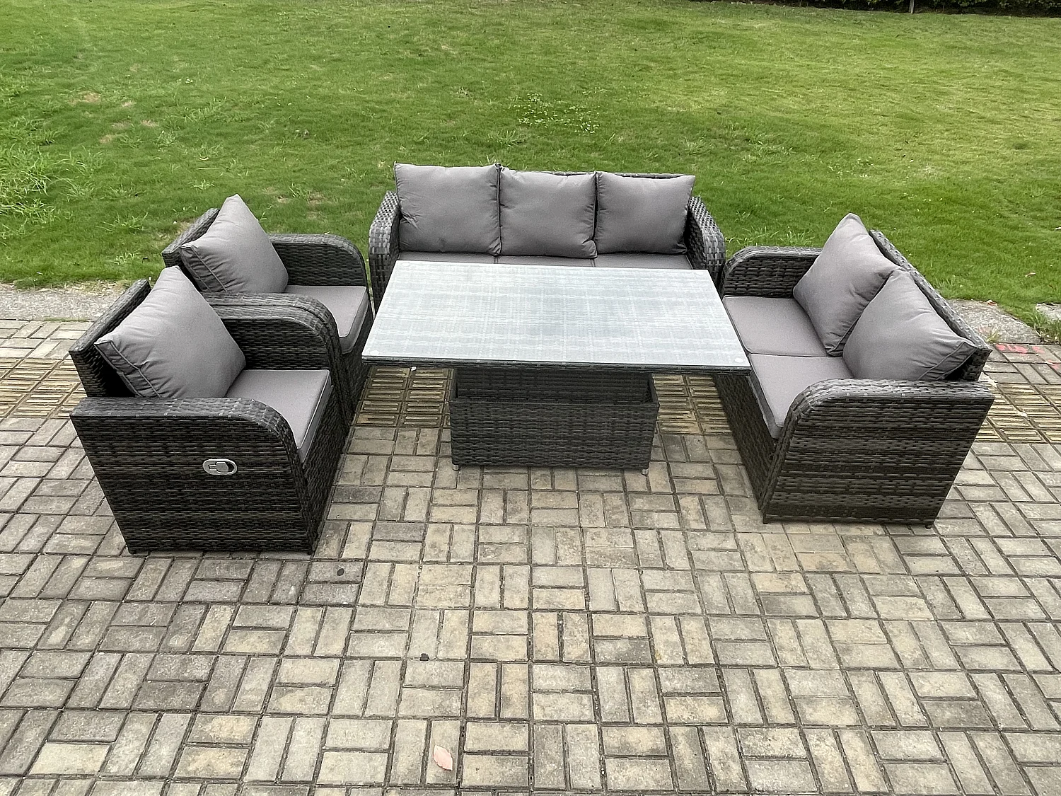 Ensemble de meubles de jardin en polyrotin avec Table à manger réglable en hauteur Chaise inclinable Canapé Gris foncé mixte