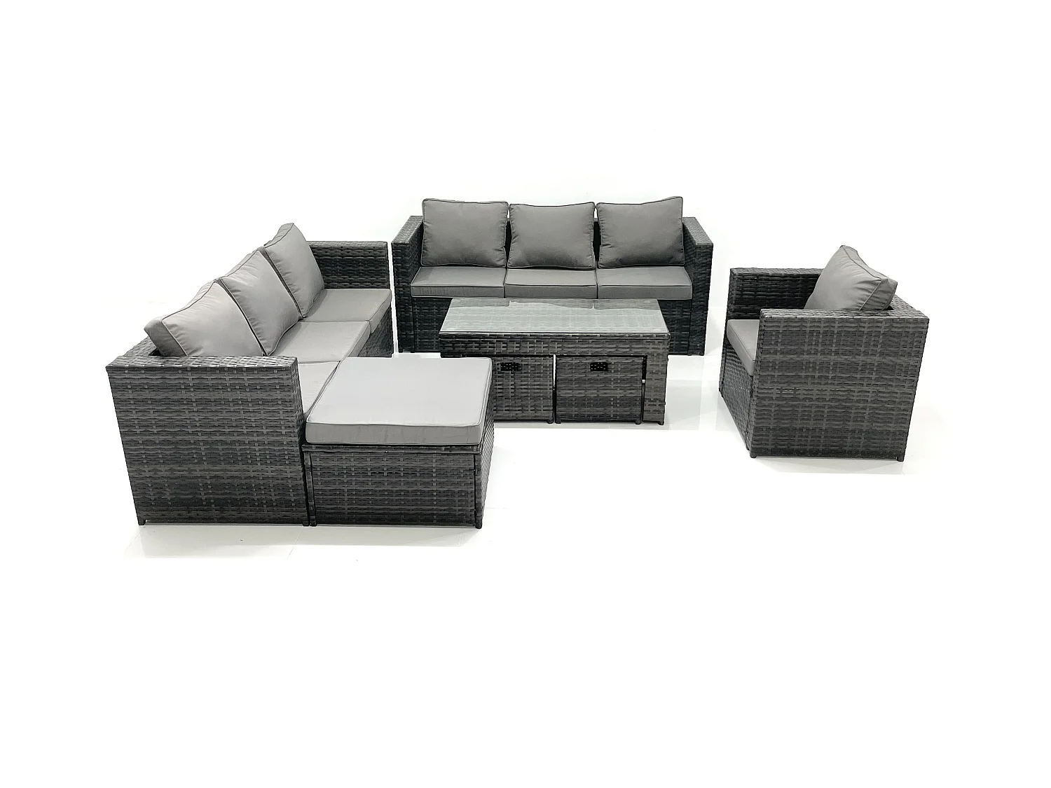 Gartenmöbel-Set 10-Sitzer Polyrattan Sofa Set mit Couchtisch 3 Hockern Sessel Dunkelgrau Gemischt
