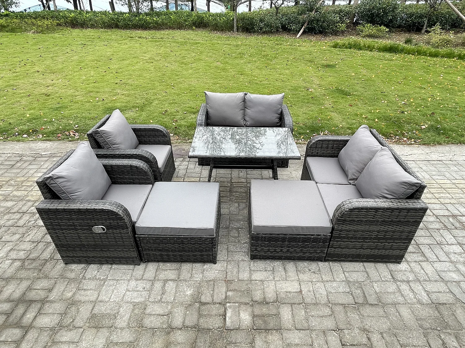 Gartenmöbel-Sets 8-Sitzer Rattan Gartenmöbel im Freien Sofa Set mit 2 hohen Hockern Dunkelgrau Gemischt