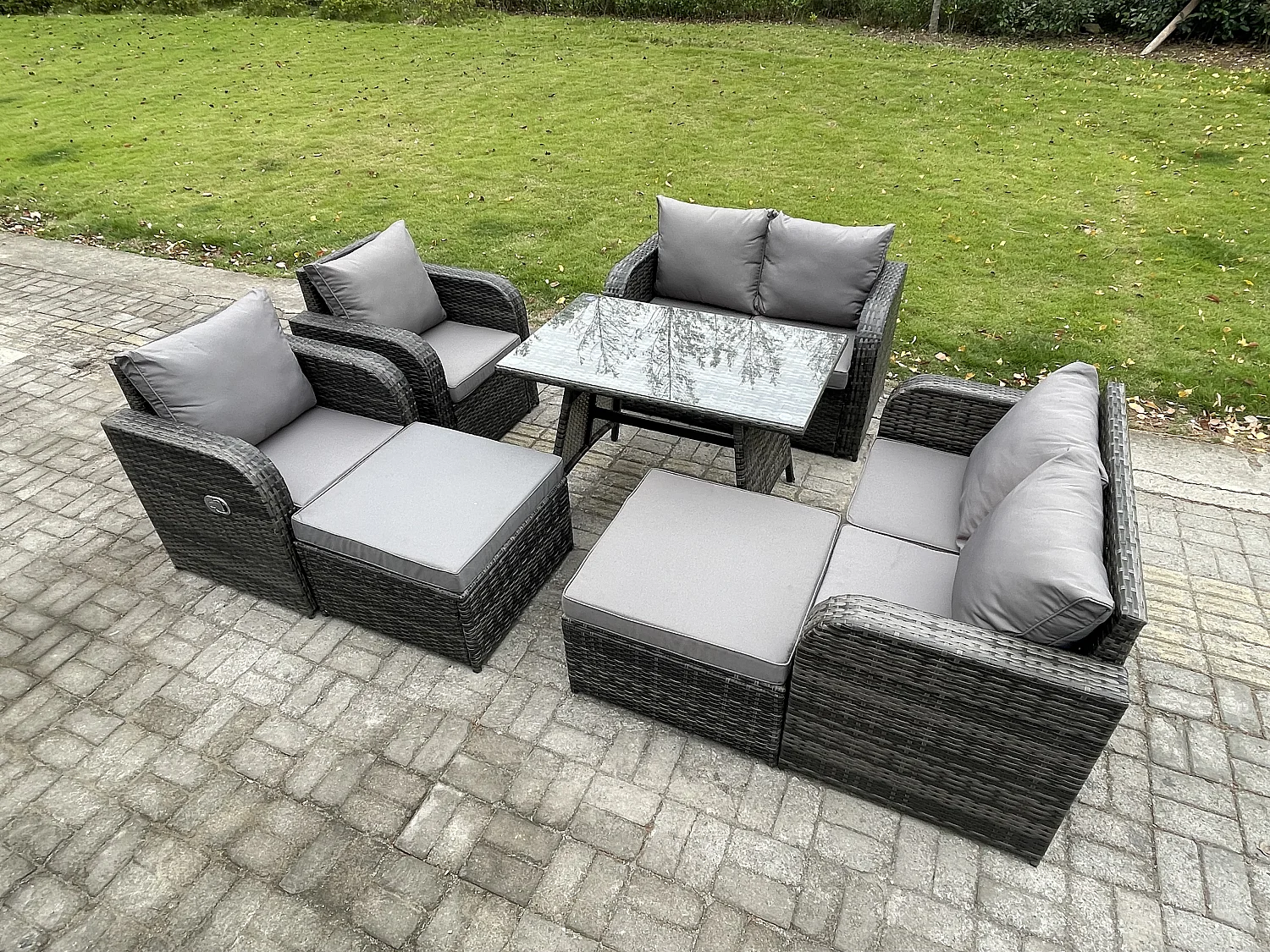 Gartenmöbel-Sets 8-Sitzer Rattan Gartenmöbel im Freien Sofa Set mit 2 hohen Hockern Dunkelgrau Gemischt