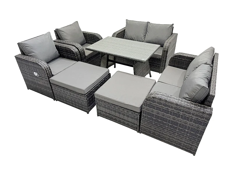 Ensemble de meubles de jardin en polyrotin 8 places avec 2 Grand tabourets Gris foncé mixte