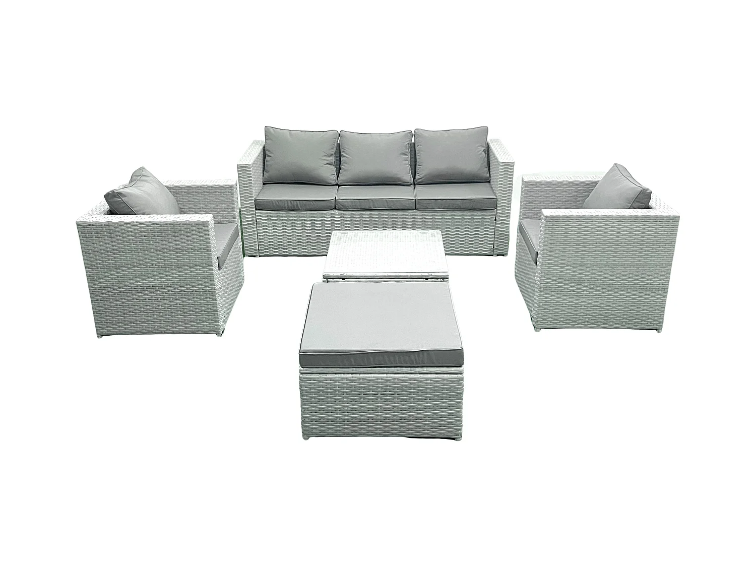 6 places Salon de jardin avec Canapé 3 places 2 Chaise Table basse carrée Grand tabouret Gris clair mixte