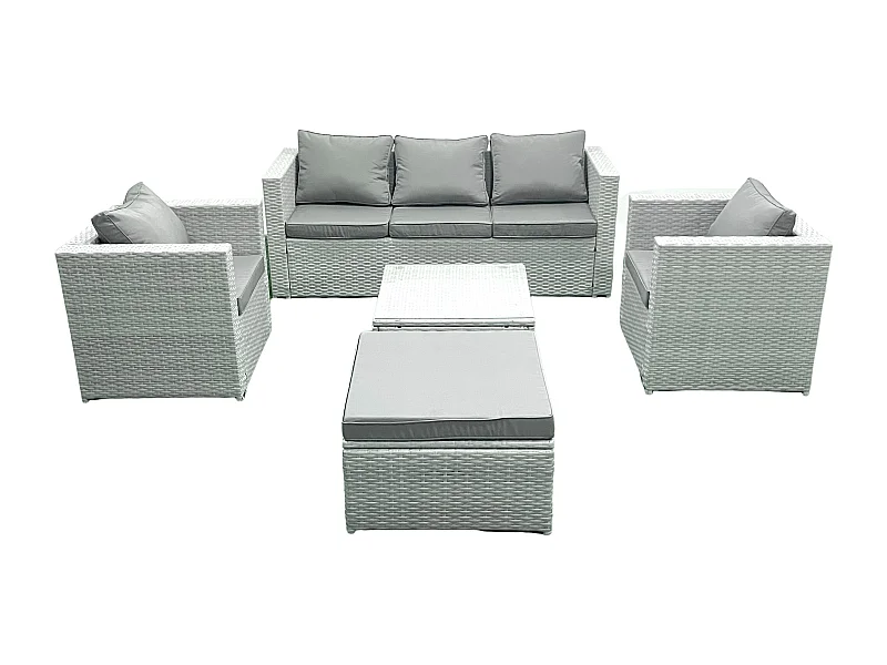 6-Sitzer Polyrattan Gartenmöbel Set mit 3-Sitzer Sofa 2 Sesseln Quadratischer Couchtisch 2 Großer Hockern Hellgrau gemischt
