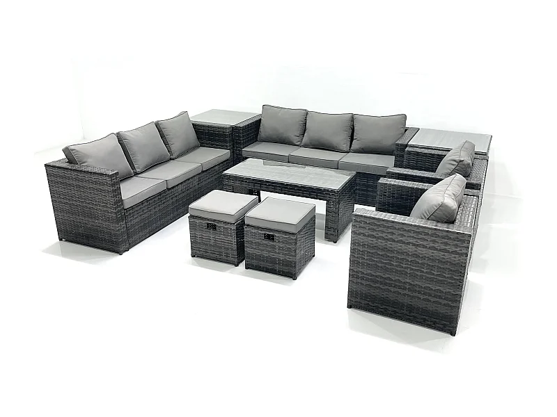 Polyrattan Gartenmöbel set mit Couchtisch Sessel 2 Beistelltischen 2 kleine Fußhockern Dunkelgrau Gemischt