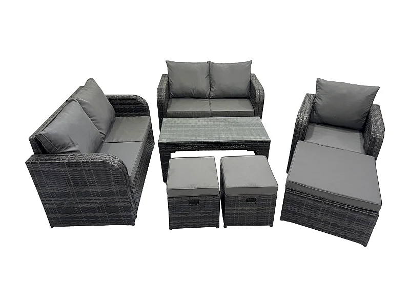 Rattan Gartenmöbel Sofa Set Tisch & Stühle Set mit 3 Hockern Dunkelgrau Gemischt