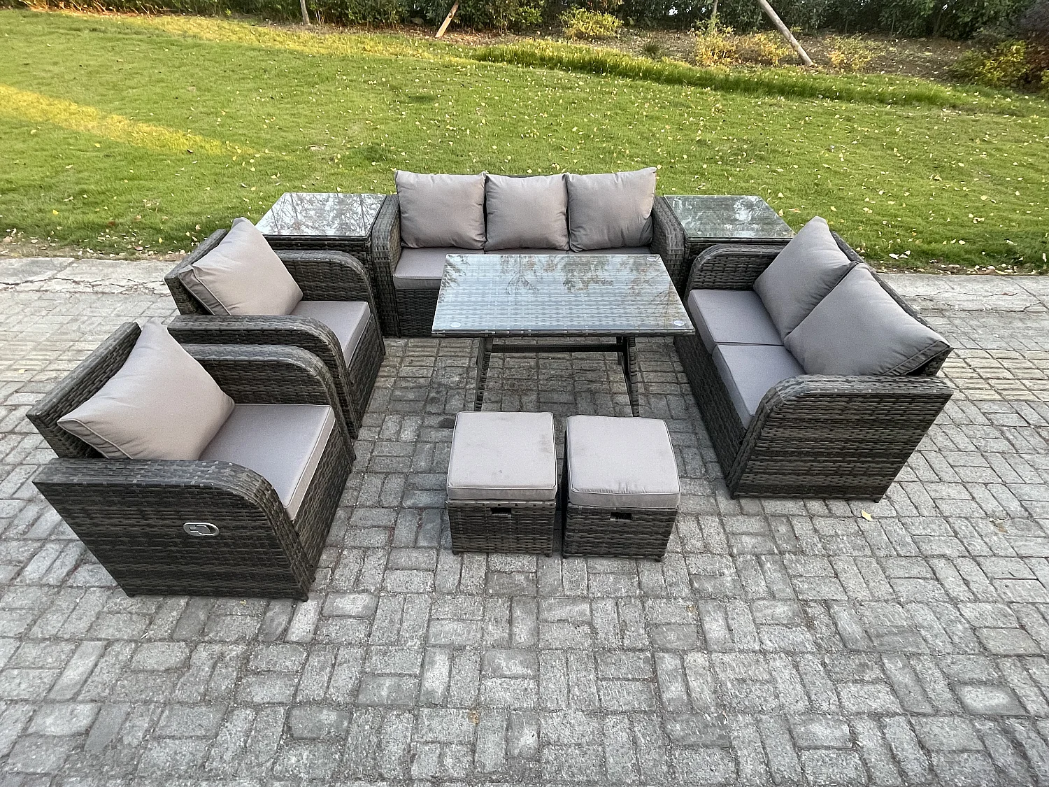 Polyrattan Gartenmöbelset 9-Sitzer Garten Lounge Set mit Esstisch 2 kleine Fußhockern 2 Beistelltischen Dunkelgrau Gemischt