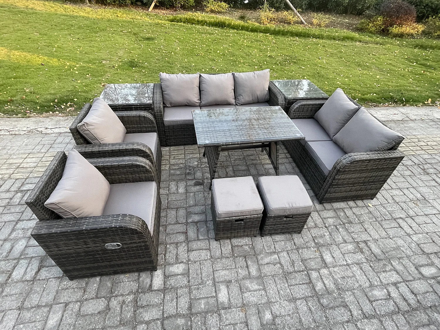 Polyrattan Gartenmöbelset 9-Sitzer Garten Lounge Set mit Esstisch 2 kleine Fußhockern 2 Beistelltischen Dunkelgrau Gemischt