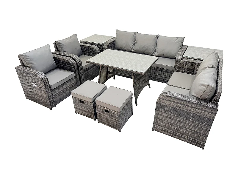 Polyrattan Gartenmöbelset 9-Sitzer Garten Lounge Set mit Esstisch 2 kleine Fußhockern 2 Beistelltischen Dunkelgrau Gemischt