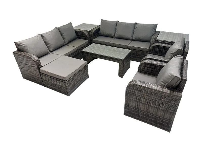 9 places Ensembles de salon de jardin avec 2 Chaise inclinables Table basse 2 Tables d'appoint Grand tabouret Gris foncé mixte