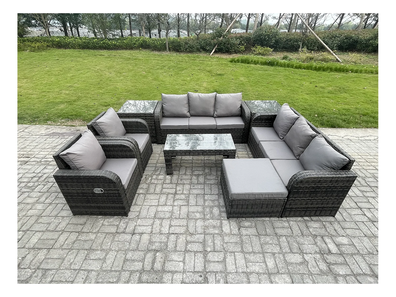 9 places Ensembles de salon de jardin avec 2 Chaise inclinables Table basse 2 Tables d'appoint Grand tabouret Gris foncé mixte