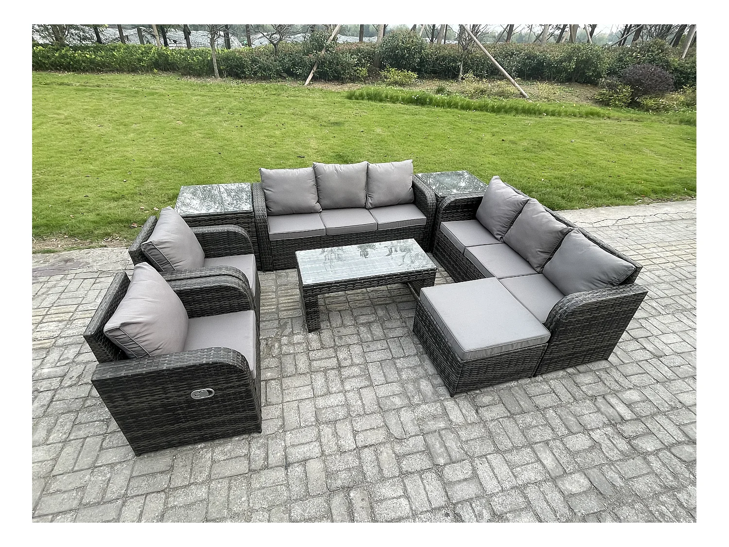 9 places Ensembles de salon de jardin avec 2 Chaise inclinables Table basse 2 Tables d'appoint Grand tabouret Gris foncé mixte