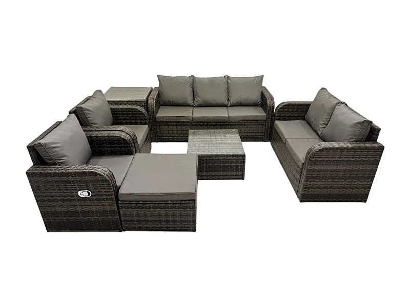 8 places Ensemble de meubles de jardin Rattan Outdoor Canapé Lounge Fauteuil avec Table basse carrée Grand tabouret Table d'appoint Gris foncé mixte