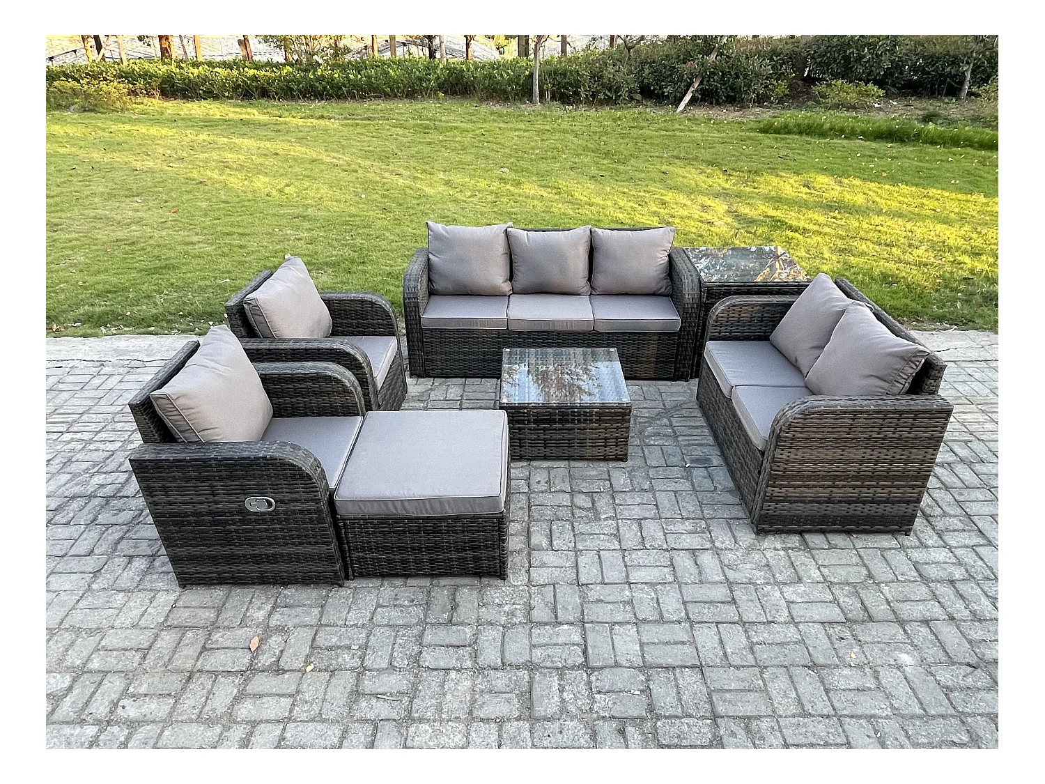 8 places Ensemble de meubles de jardin Rattan Outdoor Canapé Lounge Fauteuil avec Table basse carrée Grand tabouret Table d'appoint Gris foncé mixte