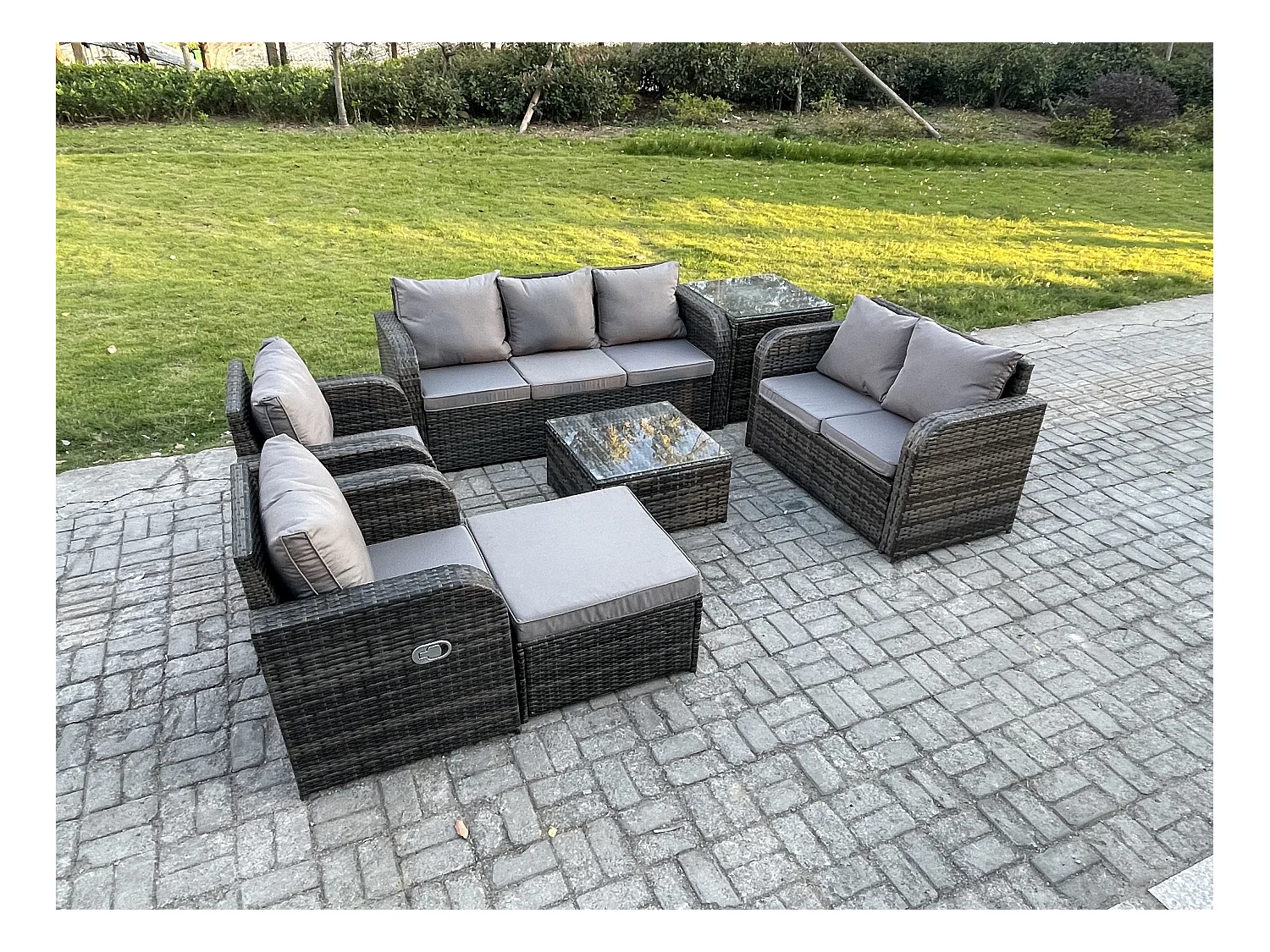 8 places Ensemble de meubles de jardin Rattan Outdoor Canapé Lounge Fauteuil avec Table basse carrée Grand tabouret Table d'appoint Gris foncé mixte