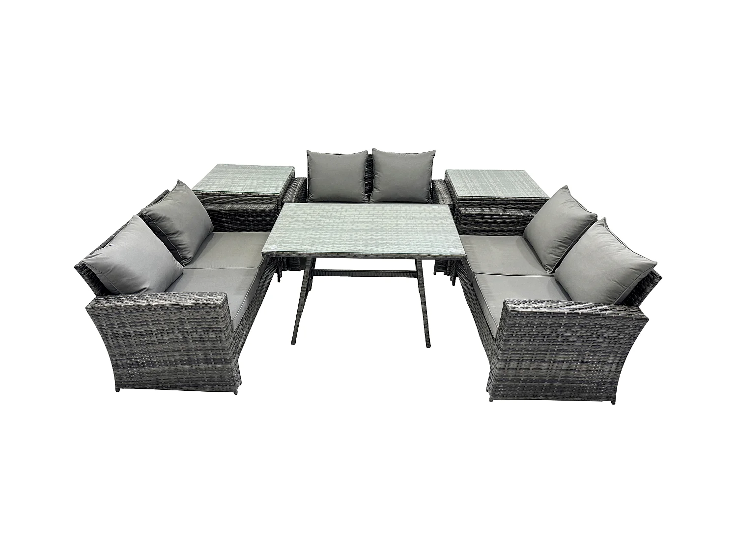 6 PCS Garten Sofa im Freien Set Polyrattan Gartenmöbel Set mit Rechteckiger Esstisch Loveseat Sofa 2 Beistelltischen Dunkelgrau Gemischt