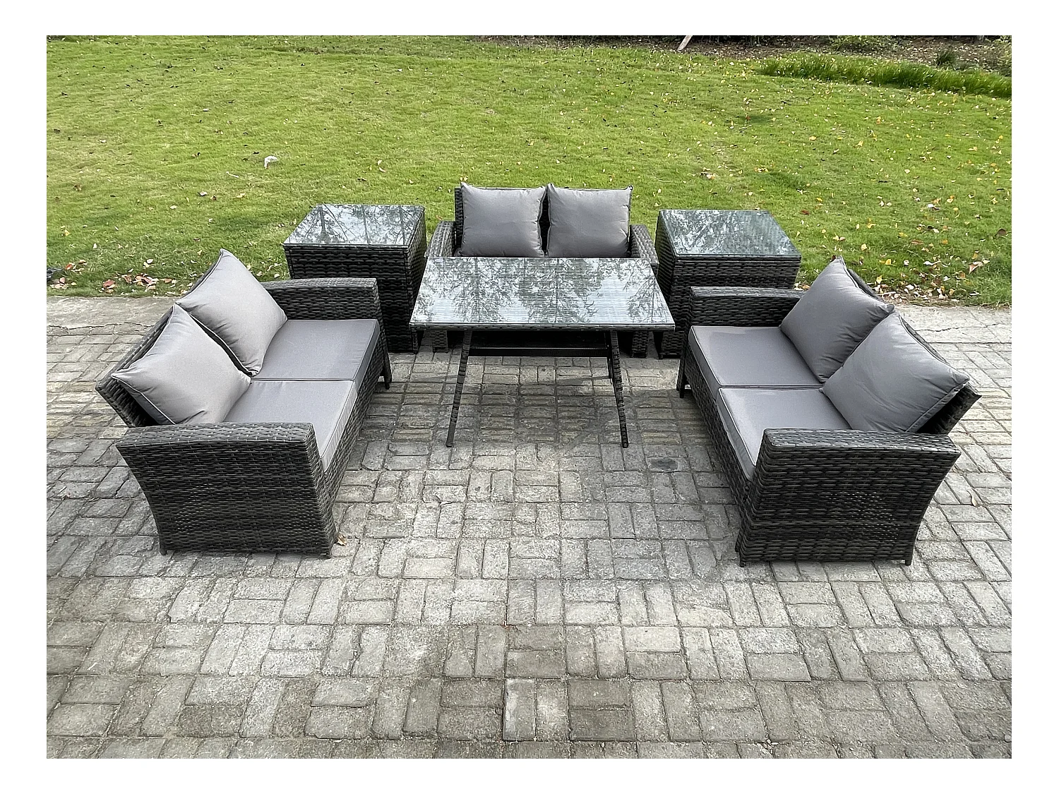 6 PCS Garten Sofa im Freien Set Polyrattan Gartenmöbel Set mit Rechteckiger Esstisch Loveseat Sofa 2 Beistelltischen Dunkelgrau Gemischt