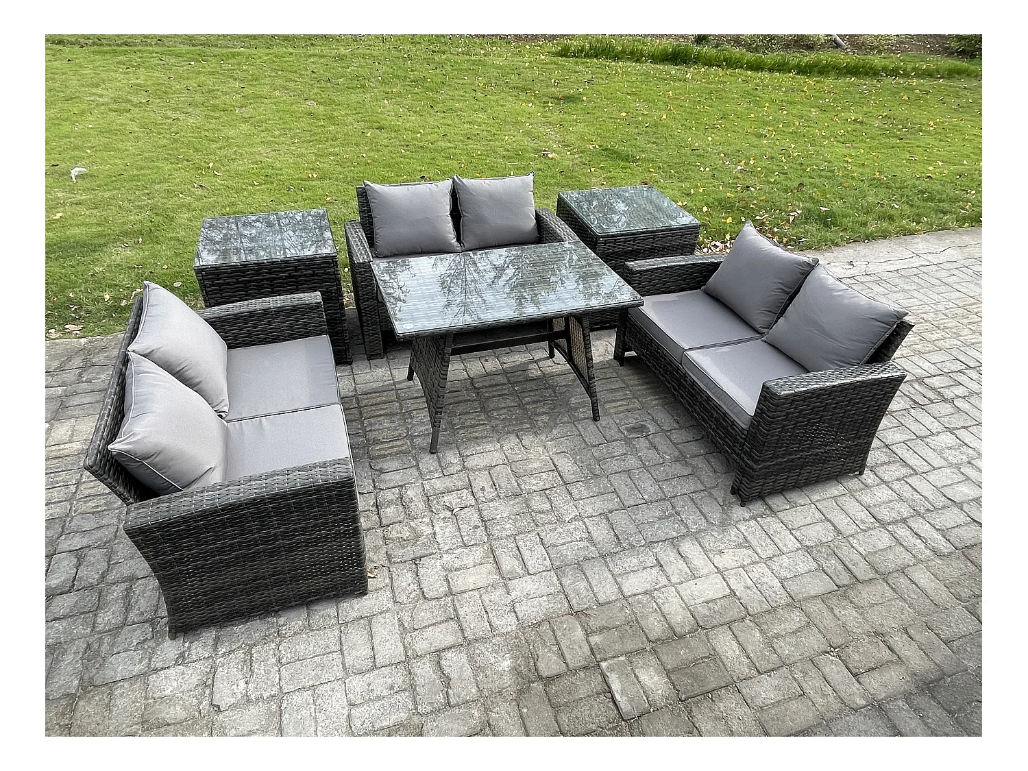 6 PCS Garten Sofa im Freien Set Polyrattan Gartenmöbel Set mit Rechteckiger Esstisch Loveseat Sofa 2 Beistelltischen Dunkelgrau Gemischt