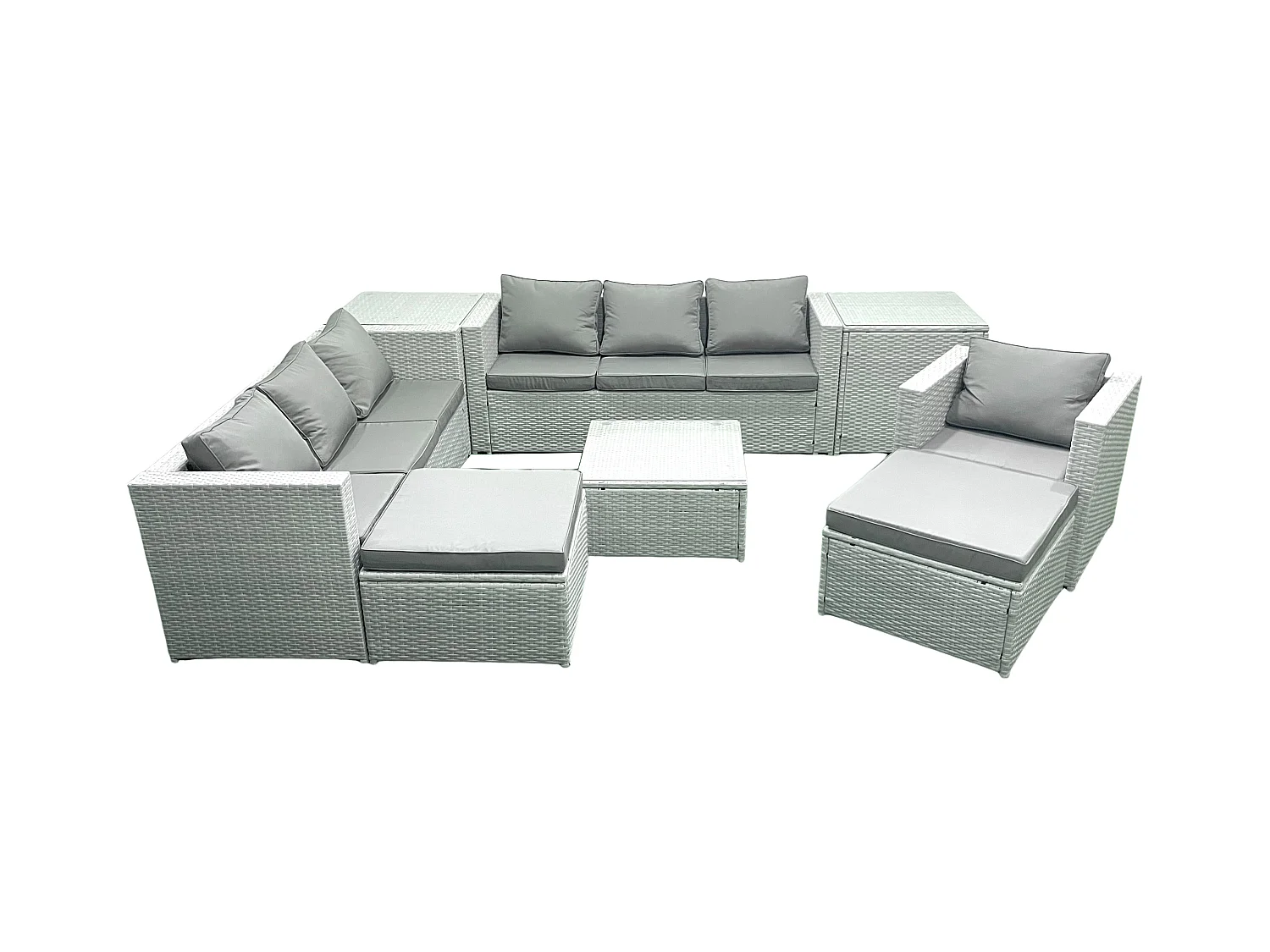 Polyrattan Sofa Gartenmöbel Set mit Sessel Quadratischer Couchtisch 2 hohen Hockern 2 Beistelltischen Hellgrau gemischt
