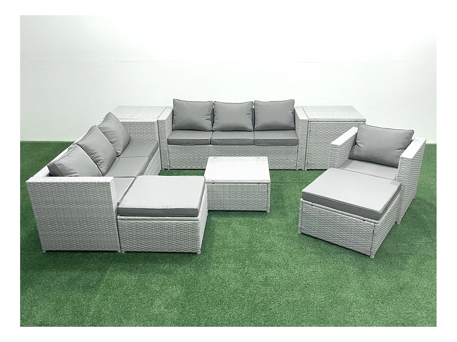 Polyrattan Sofa Gartenmöbel Set mit Sessel Quadratischer Couchtisch 2 hohen Hockern 2 Beistelltischen Hellgrau gemischt