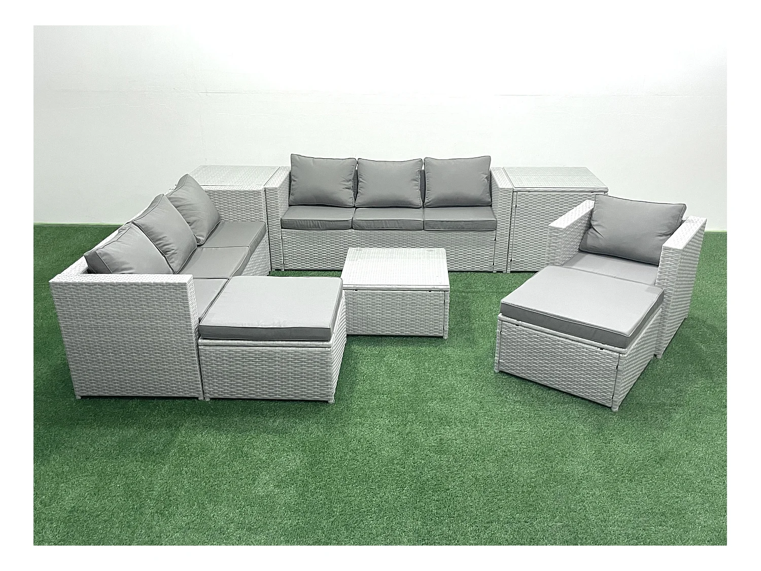 Polyrattan Sofa Gartenmöbel Set mit Sessel Quadratischer Couchtisch 2 hohen Hockern 2 Beistelltischen Hellgrau gemischt