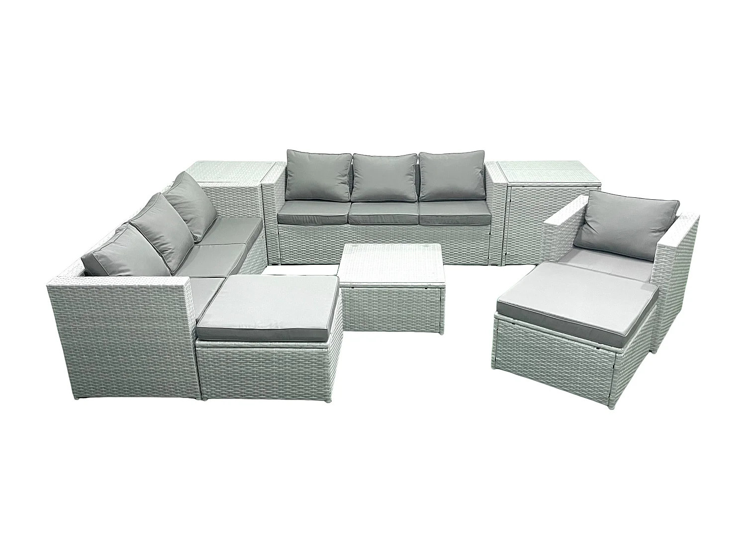 Polyrattan Sofa Gartenmöbel Set mit Sessel Quadratischer Couchtisch 2 hohen Hockern 2 Beistelltischen Hellgrau gemischt
