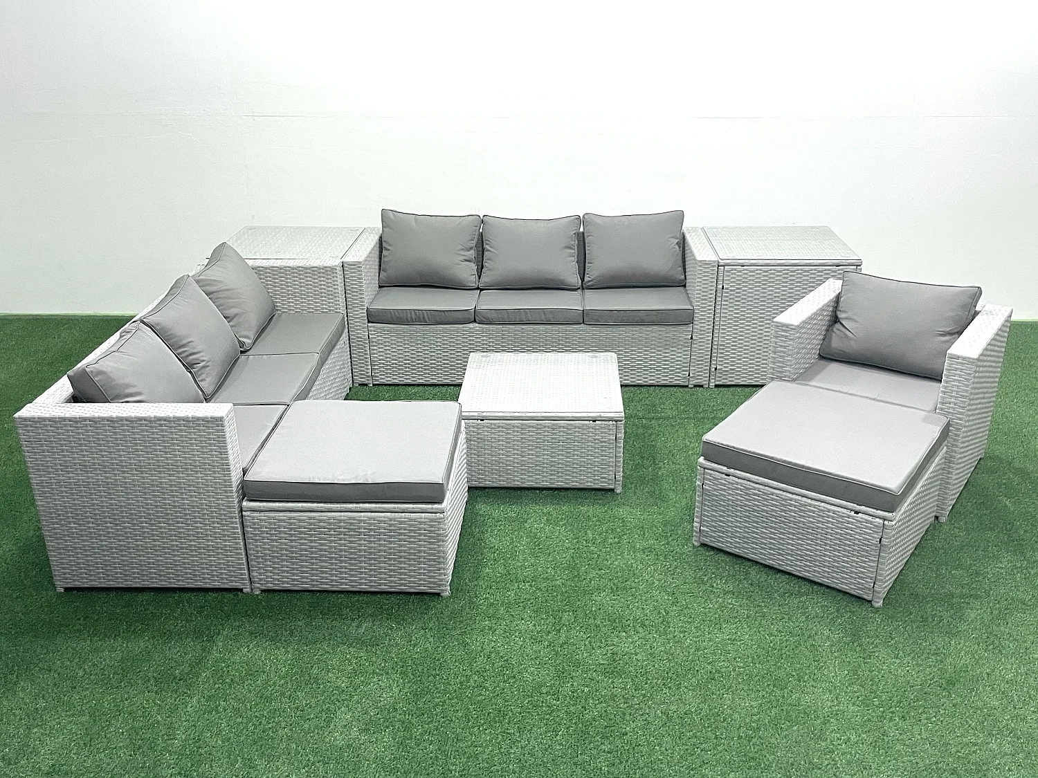Polyrattan Sofa Gartenmöbel Set mit Sessel Quadratischer Couchtisch 2 hohen Hockern 2 Beistelltischen Hellgrau gemischt