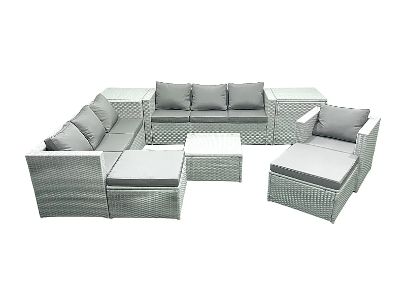 Polyrattan Sofa Gartenmöbel Set mit Sessel Quadratischer Couchtisch 2 hohen Hockern 2 Beistelltischen Hellgrau gemischt
