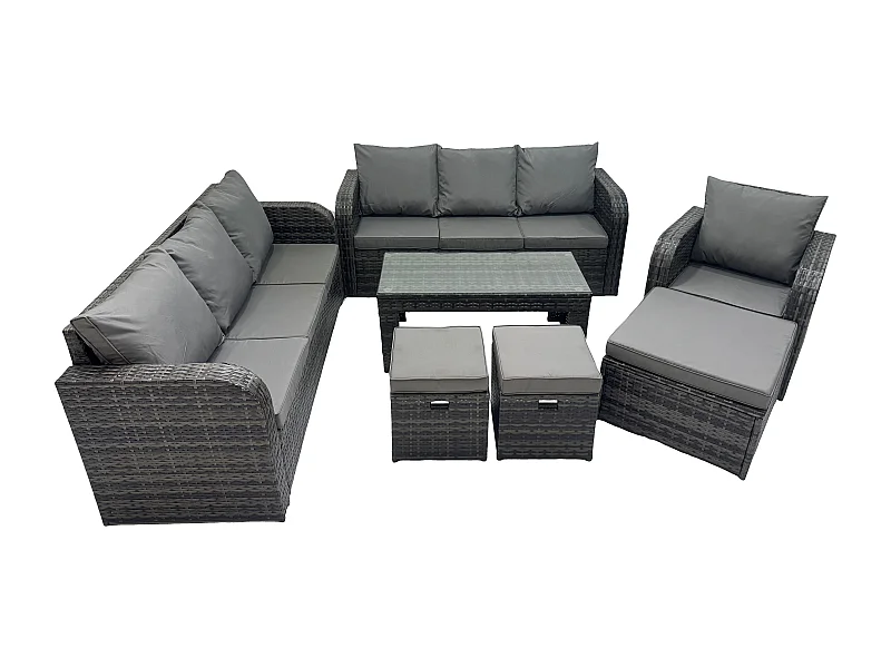 10 places Ensemble de canapés en rotin Salon de jardin avec Table basse rectangulaire 3 Tabourets Canapé 3 places Gris foncé mixte