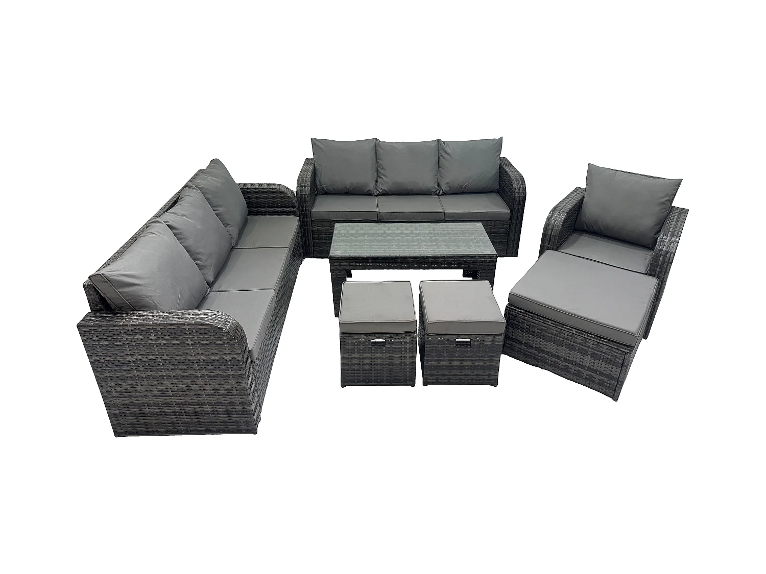 10 places Ensemble de canapés en rotin Salon de jardin avec Table basse rectangulaire 3 Tabourets Canapé 3 places Gris foncé mixte