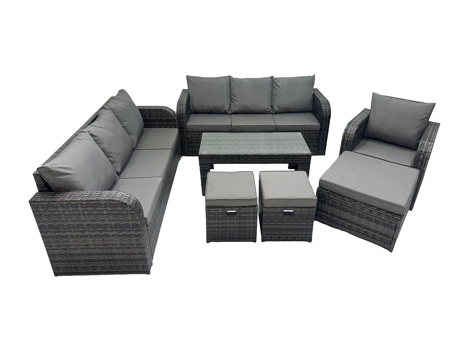 10 places Ensemble de canapés en rotin Salon de jardin avec Table basse rectangulaire 3 Tabourets Canapé 3 places Gris foncé mixte