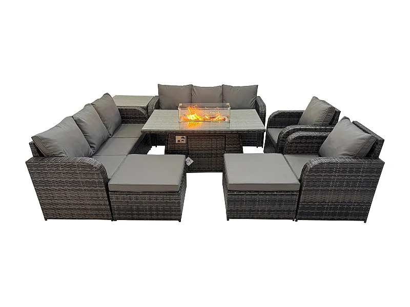 Rattan Gartenmöbel Set im Balkon Gas Feuerstelle Tisch Adjustable Liegestühle 3-Sitzer Sofa Sets 10-Sitzer