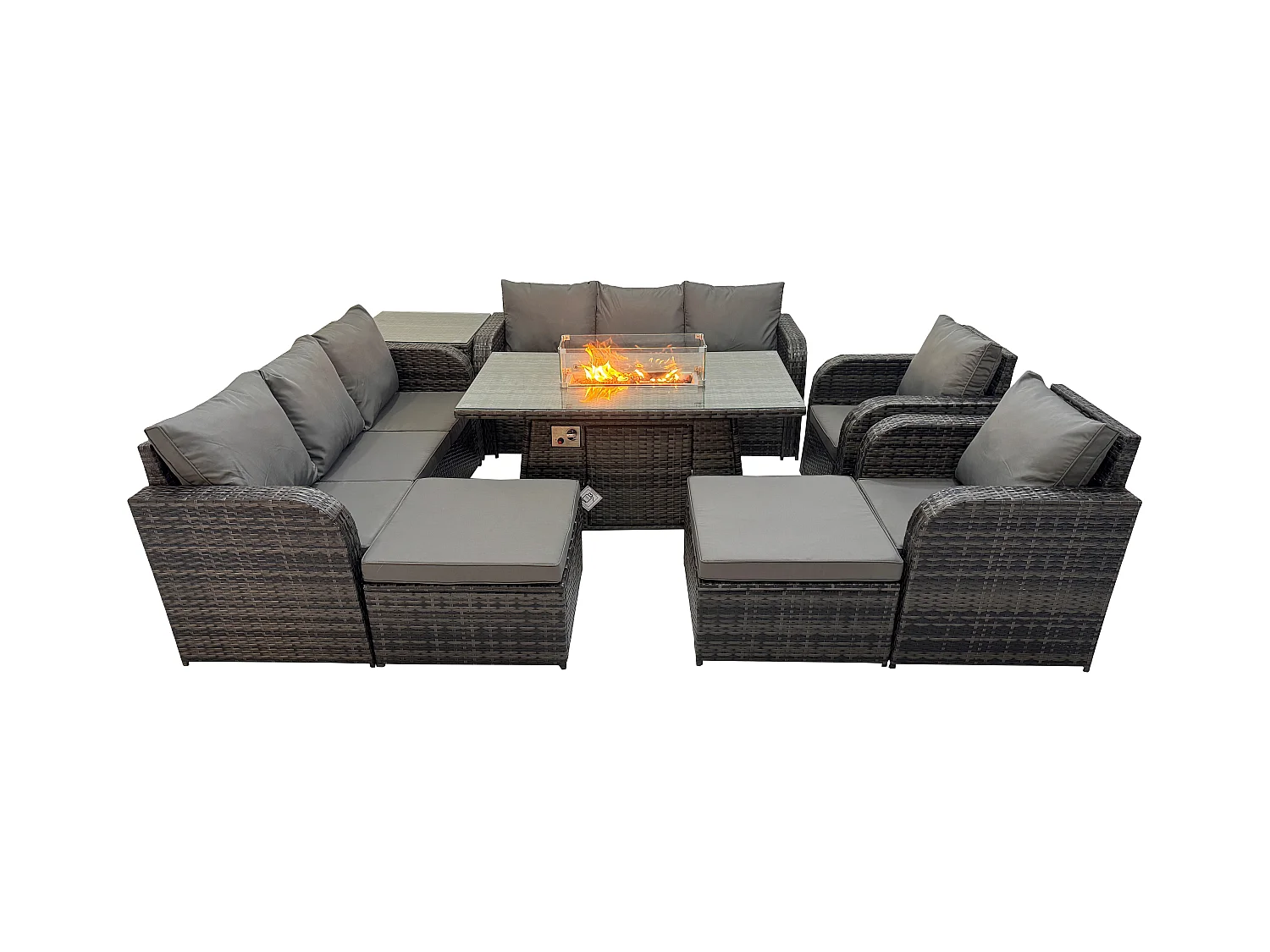 Rattan Gartenmöbel Set im Balkon Gas Feuerstelle Tisch Adjustable Liegestühle 3-Sitzer Sofa Sets 10-Sitzer