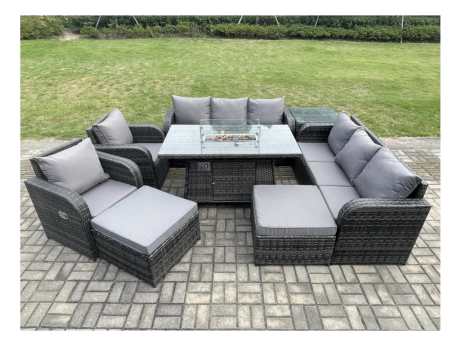 Rattan Gartenmöbel Set im Balkon Gas Feuerstelle Tisch Adjustable Liegestühle 3-Sitzer Sofa Sets 10-Sitzer