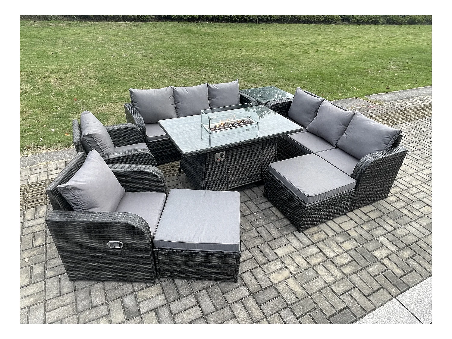 Rattan Gartenmöbel Set im Balkon Gas Feuerstelle Tisch Adjustable Liegestühle 3-Sitzer Sofa Sets 10-Sitzer