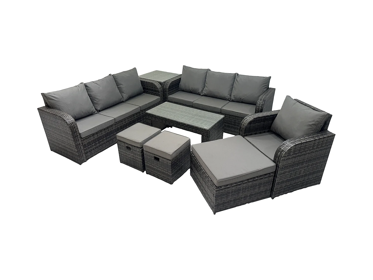 10 places Ensemble de canapés en rotin Salon de jardin avec Table basse rectangulaire 3 Tabourets Canapé 3 places Table d'appoint Gris foncé mixte