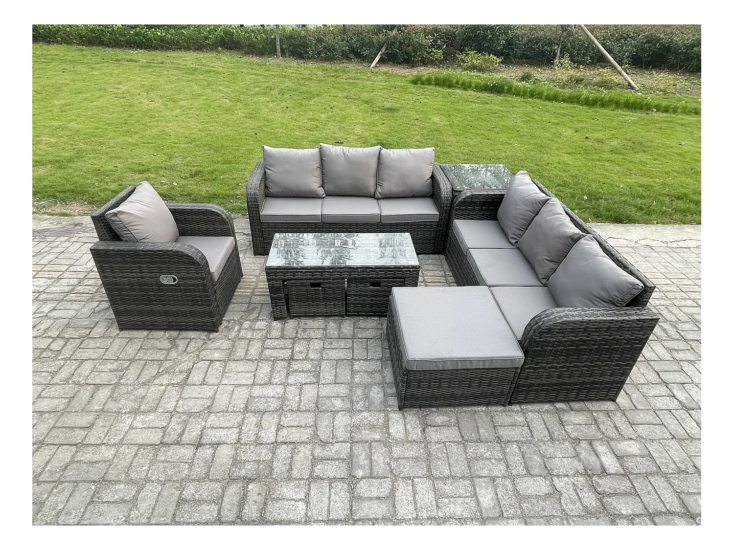 10 places Ensemble de canapés en rotin Salon de jardin avec Table basse rectangulaire 3 Tabourets Canapé 3 places Table d'appoint Gris foncé mixte