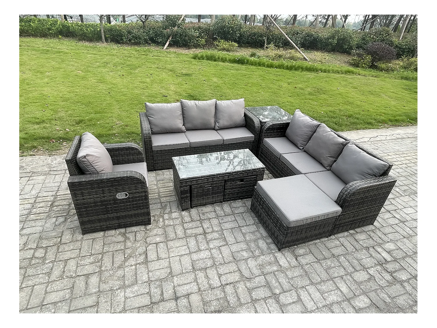 10 places Ensemble de canapés en rotin Salon de jardin avec Table basse rectangulaire 3 Tabourets Canapé 3 places Table d'appoint Gris foncé mixte