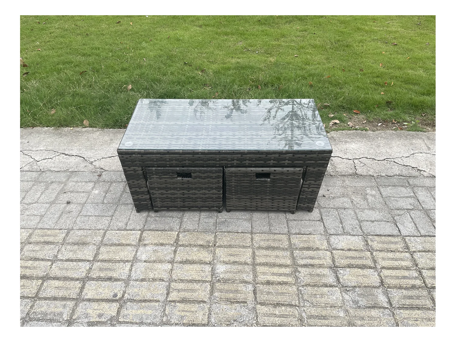 10 places Ensemble de canapés en rotin Salon de jardin avec Table basse rectangulaire 3 Tabourets Canapé 3 places Table d'appoint Gris foncé mixte