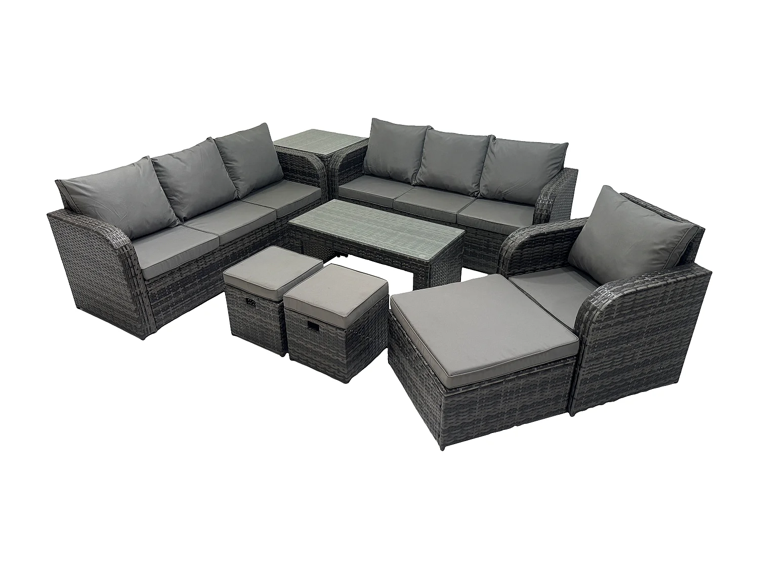 10-Sitzer Garten Sofa im Freien Set Polyrattan Gartenmöbel Set mit Rechteckiger Couchtisch 3 Hockern 3-Sitzer Sofa Beistelltisch Dunkelgrau Gemischt