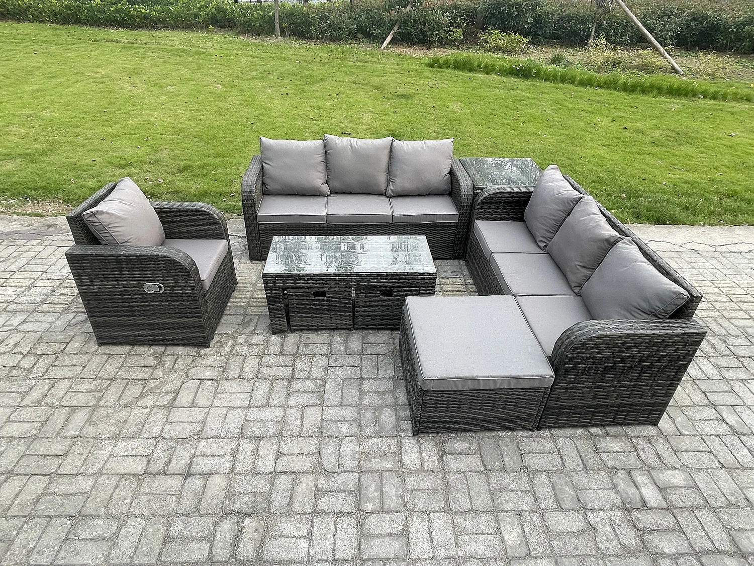 10-Sitzer Garten Sofa im Freien Set Polyrattan Gartenmöbel Set mit Rechteckiger Couchtisch 3 Hockern 3-Sitzer Sofa Beistelltisch Dunkelgrau Gemischt