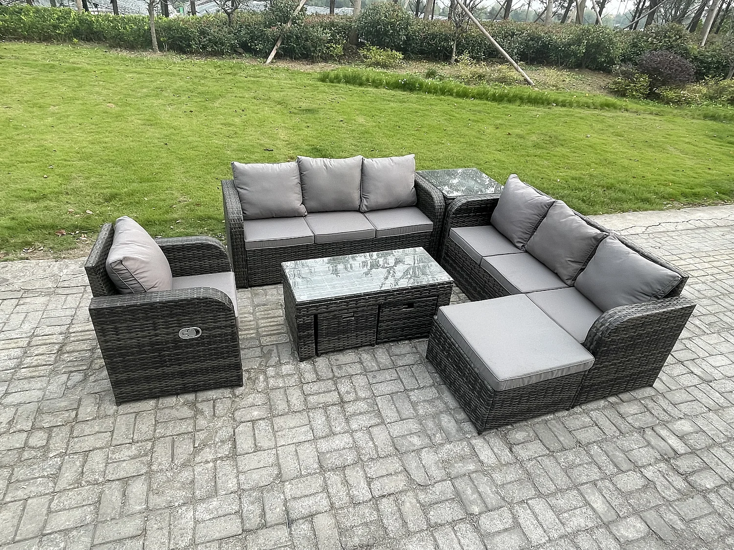 10-Sitzer Garten Sofa im Freien Set Polyrattan Gartenmöbel Set mit Rechteckiger Couchtisch 3 Hockern 3-Sitzer Sofa Beistelltisch Dunkelgrau Gemischt