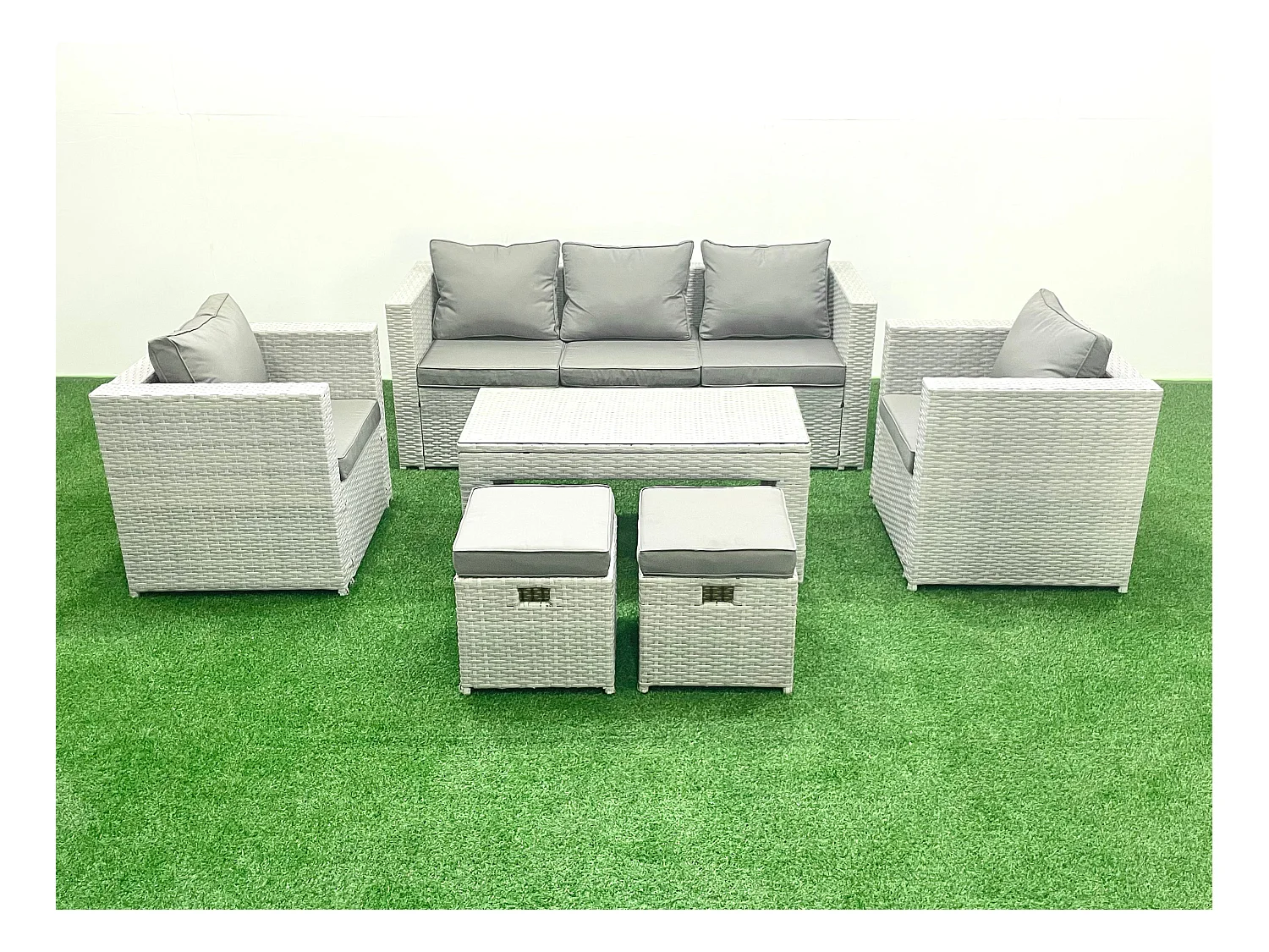Salon de jardin 7 places Canapé de jardin Table basse oblongue avec 2 Chaises 2 Stools Gris clair mixte