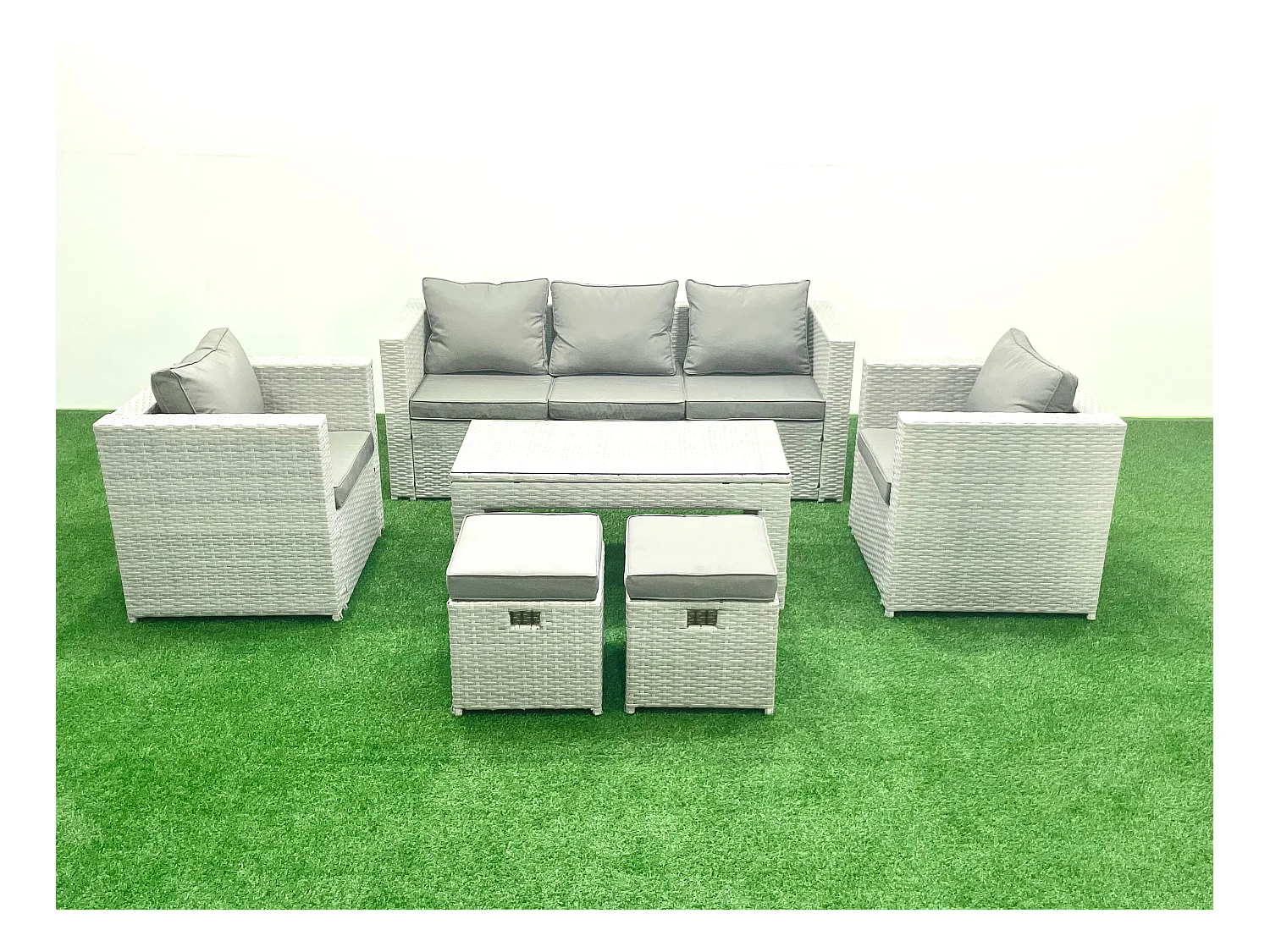 Salon de jardin 7 places Canapé de jardin Table basse oblongue avec 2 Chaises 2 Stools Gris clair mixte