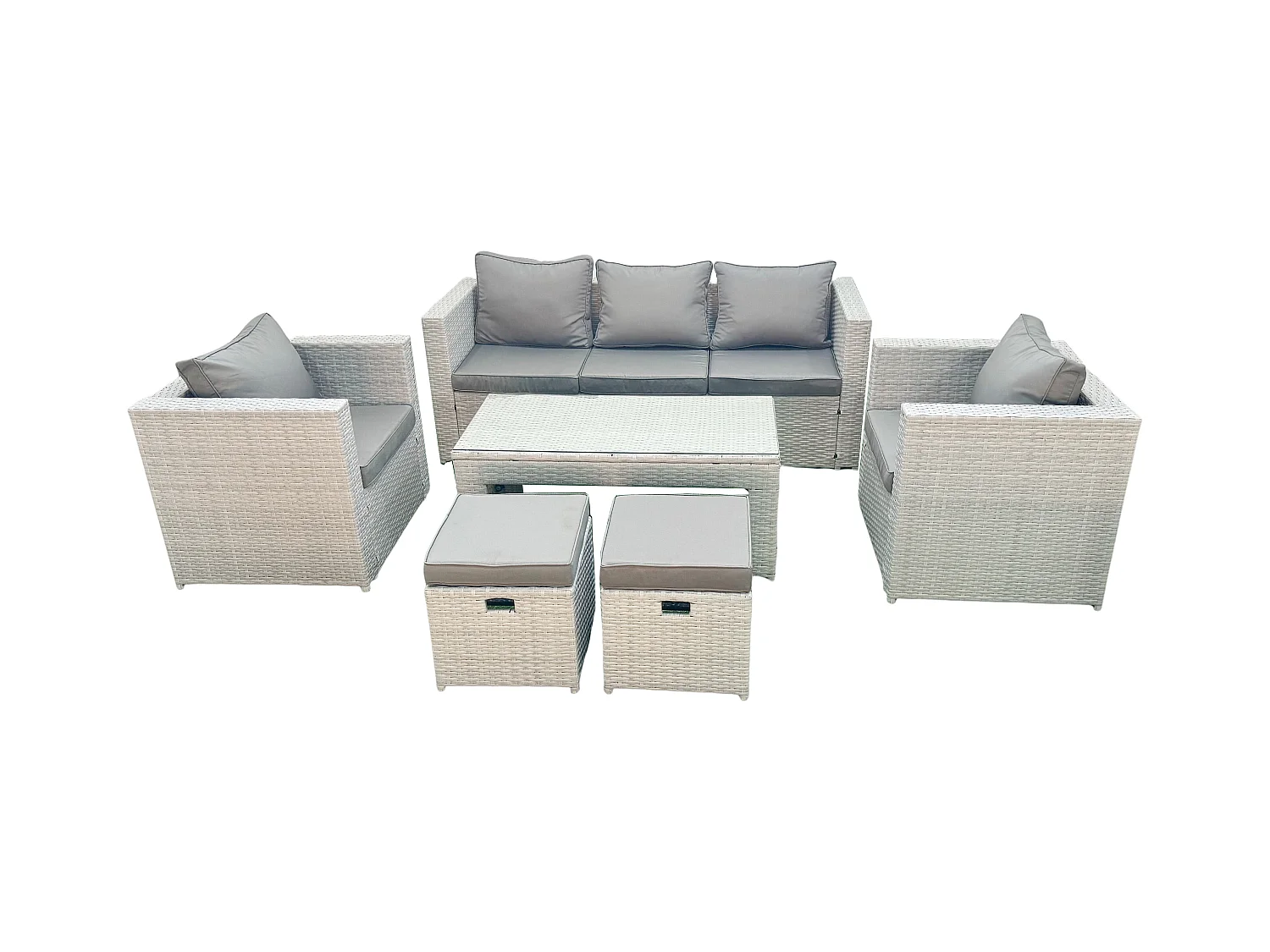 Polyrattan Gartenmöbel Set 7-Sitzer Outdoor Garten Sofa Rechteckiger Couchtisch Set mit 2 Sesseln 2 Hockern Hellgrau gemischt
