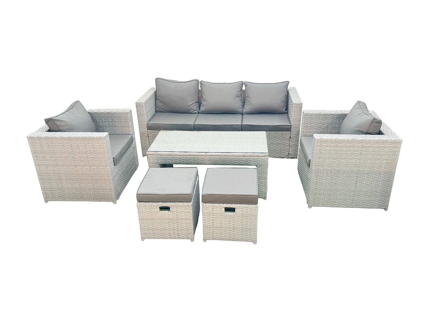 Polyrattan Gartenmöbel Set 7-Sitzer Outdoor Garten Sofa Rechteckiger Couchtisch Set mit 2 Sesseln 2 Hockern Hellgrau gemischt