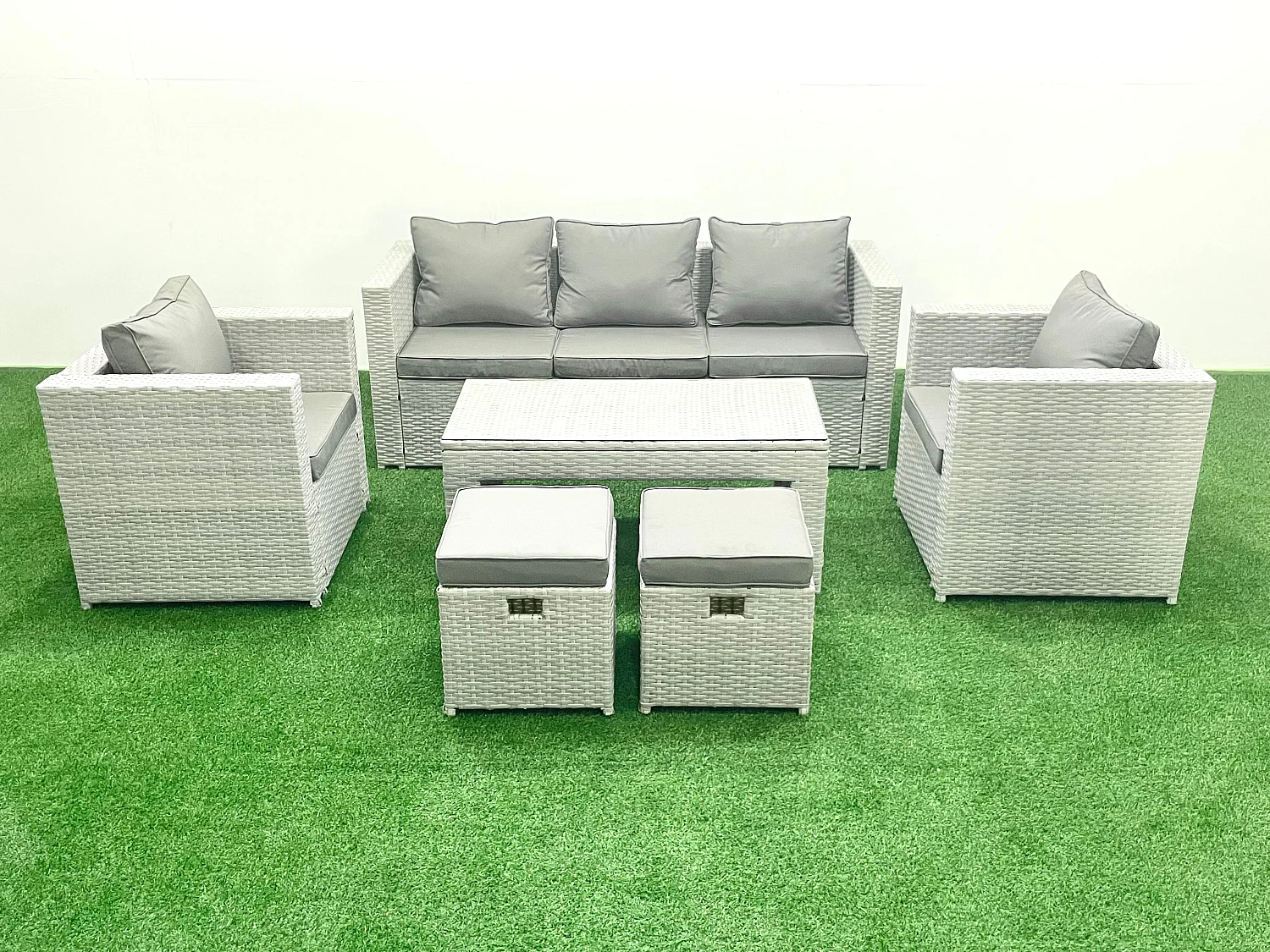 Polyrattan Gartenmöbel Set 7-Sitzer Outdoor Garten Sofa Rechteckiger Couchtisch Set mit 2 Sesseln 2 Hockern Hellgrau gemischt