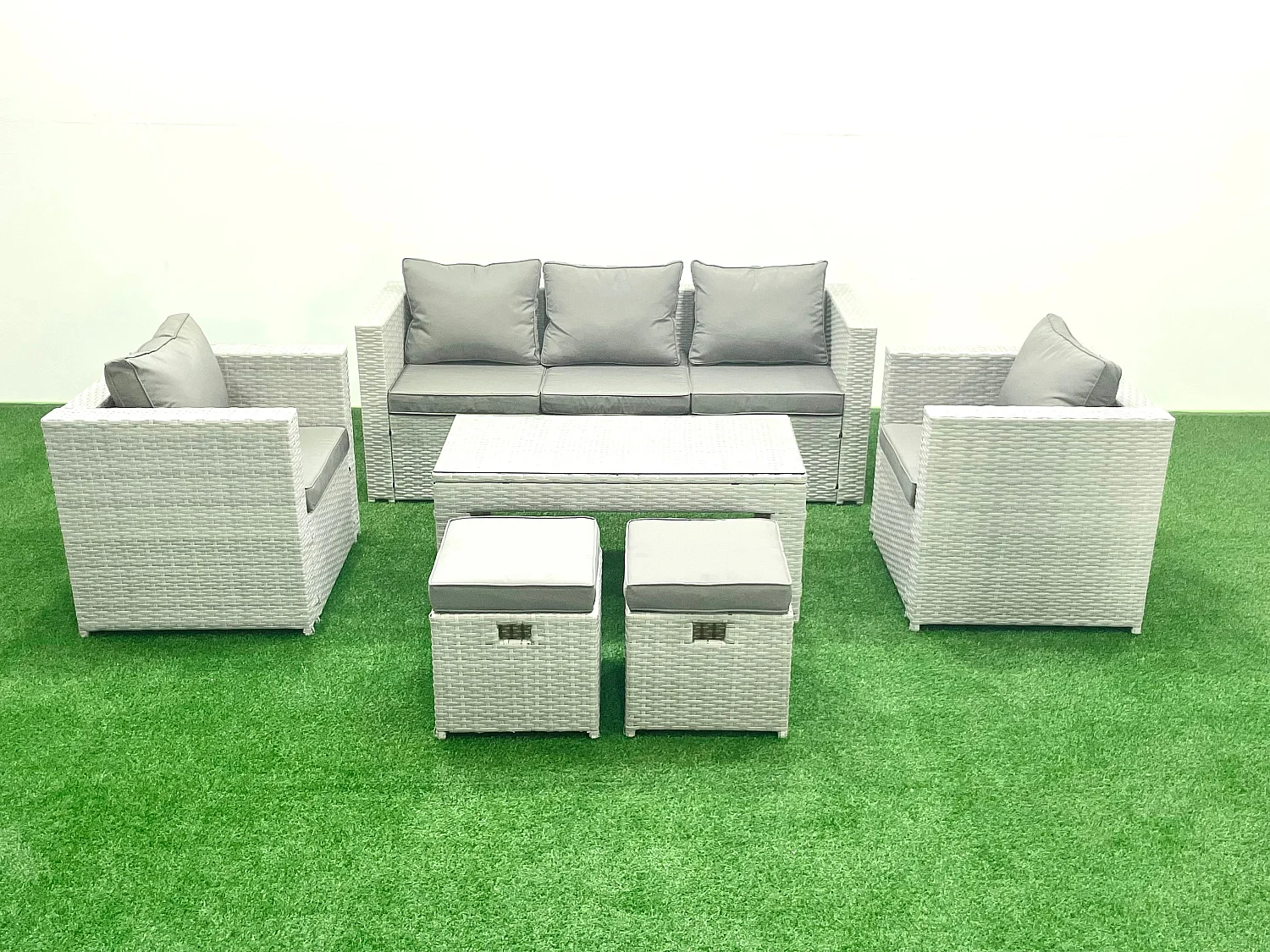 Polyrattan Gartenmöbel Set 7-Sitzer Outdoor Garten Sofa Rechteckiger Couchtisch Set mit 2 Sesseln 2 Hockern Hellgrau gemischt