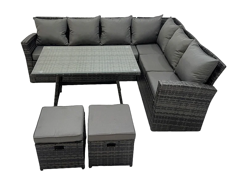 Garten Lounge Set Polyrattan Gartenmöbel Set Rechteckiger Esstisch mit Temper Glass 2 kleine Fußhockern Dunkelgrau Gemischt