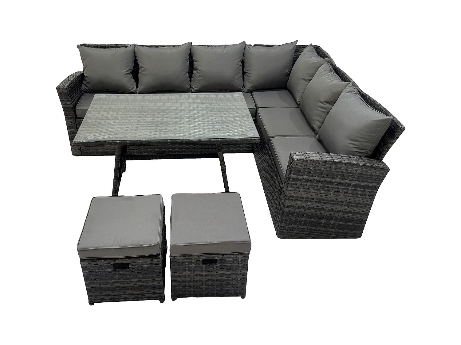 Garten Lounge Set Polyrattan Gartenmöbel Set Rechteckiger Esstisch mit Temper Glass 2 kleine Fußhockern Dunkelgrau Gemischt